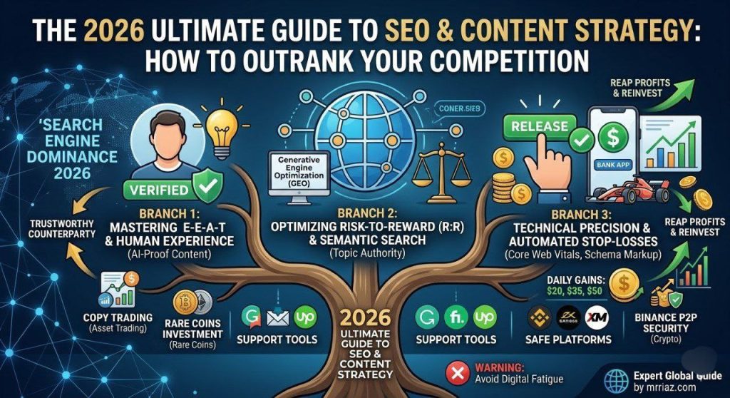 "2026 Ultimate Guide to SEO and Content Strategy tree diagram showing branches of E-E-A-T, Generative Engine Optimization (GEO), semantic search authority, and technical SEO precision with Core Web Vitals and Schema Markup."