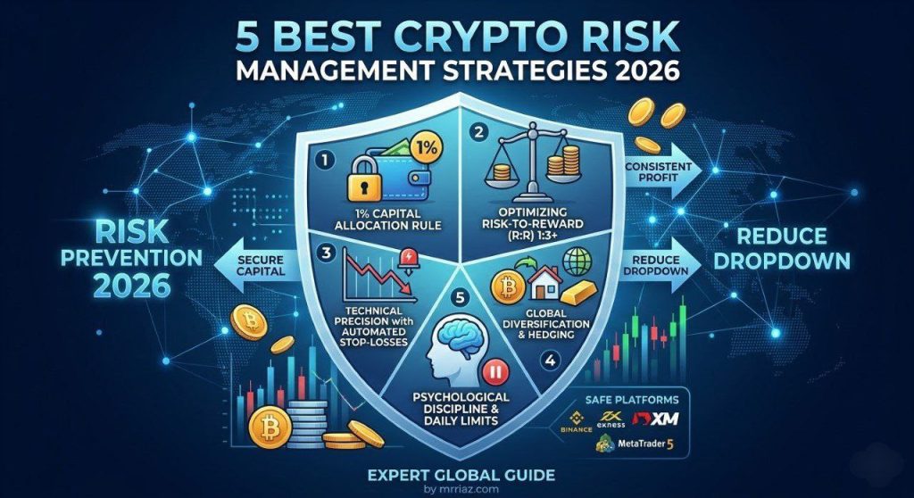 Best Crypto Risk Management Strategies 2026 infographic showing a secure shield icon with five sections: 1% capital rule, risk-to-reward ratio, automated stop-losses, global diversification, and psychological discipline for professional trading."
