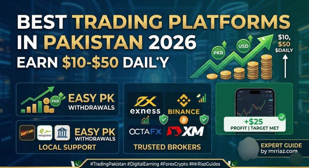 Best Trading Platforms in Pakistan 2026 guide showing top brokers like Exness, Binance, OctaFX, and XM with a profit growth chart and mobile trading dashboard for earning daily $10 to $50."