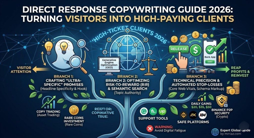Direct Response Copywriting Guide 2026 tree diagram illustrating the process of turning visitors into high-paying clients through ultra-specific promises, semantic search optimization, and technical precision with automated trust-building systems."
