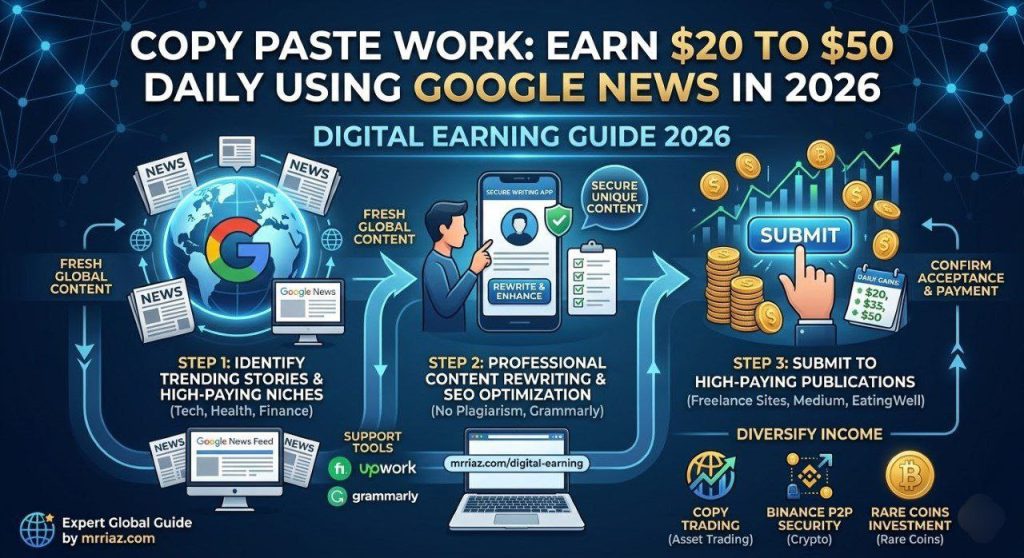 Earn $20 to $50 Daily Using Google News 2026 infographic showing a step-by-step workflow: identifying trending global stories, professional content rewriting with Grammarly, and submitting to high-paying publications for consistent daily income."