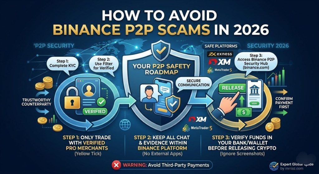 How to Avoid Binance P2P Scams in 2026 security roadmap featuring verified merchant filters, secure in-app chat evidence, and a step-by-step verification process to ignore fake screenshots and prevent third-party payment fraud."