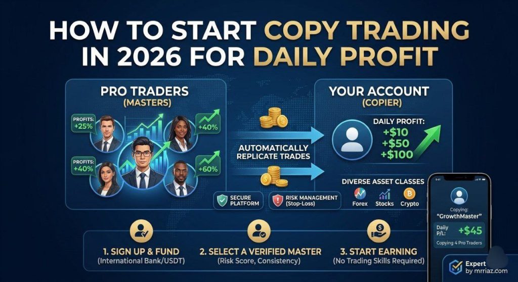 "How to Start Copy Trading in 2026 for Daily Profit infographic showing professional master traders, automated replication of trades to a user account, and a step-by-step guide for international funding and earning without trading skills."