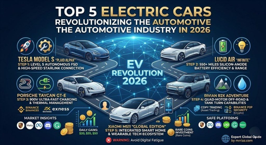 Top 5 Electric Cars Revolutionizing Industry 2026 infographic showcasing the Tesla Model S Plaid Alpha, Lucid Air Infinite, Porsche Taycan GT-E, Rivian R2X, and Xiaomi MS11 with key features like autonomous driving, solid-state batteries, and ultra-fast charging