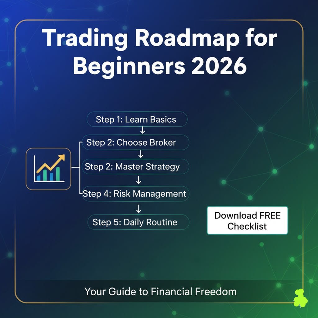Step-by-step trading roadmap for beginners 2026 showing learn basics, choose broker, master strategy, and risk management with free checklist download.