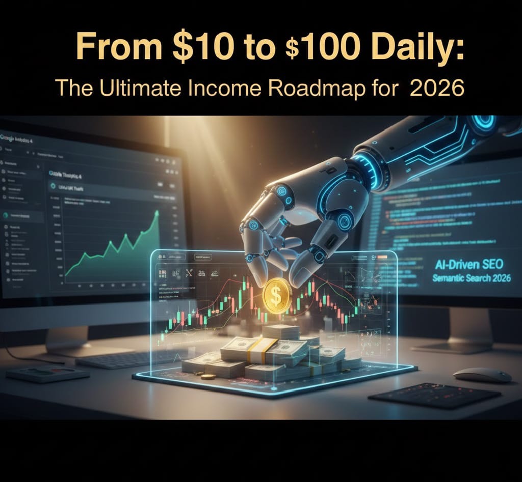 A futuristic digital workstation showing Passive Income Strategies 2026 with automated trading bots, Google Analytics 4 dashboard, and a roadmap to earn $100 daily.
