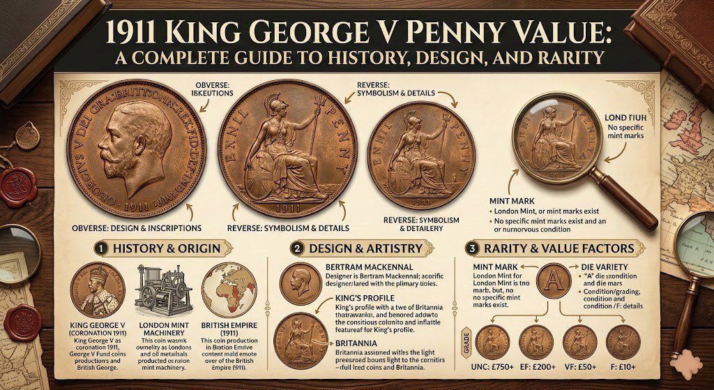 1911 King George V Penny Front and Back۔