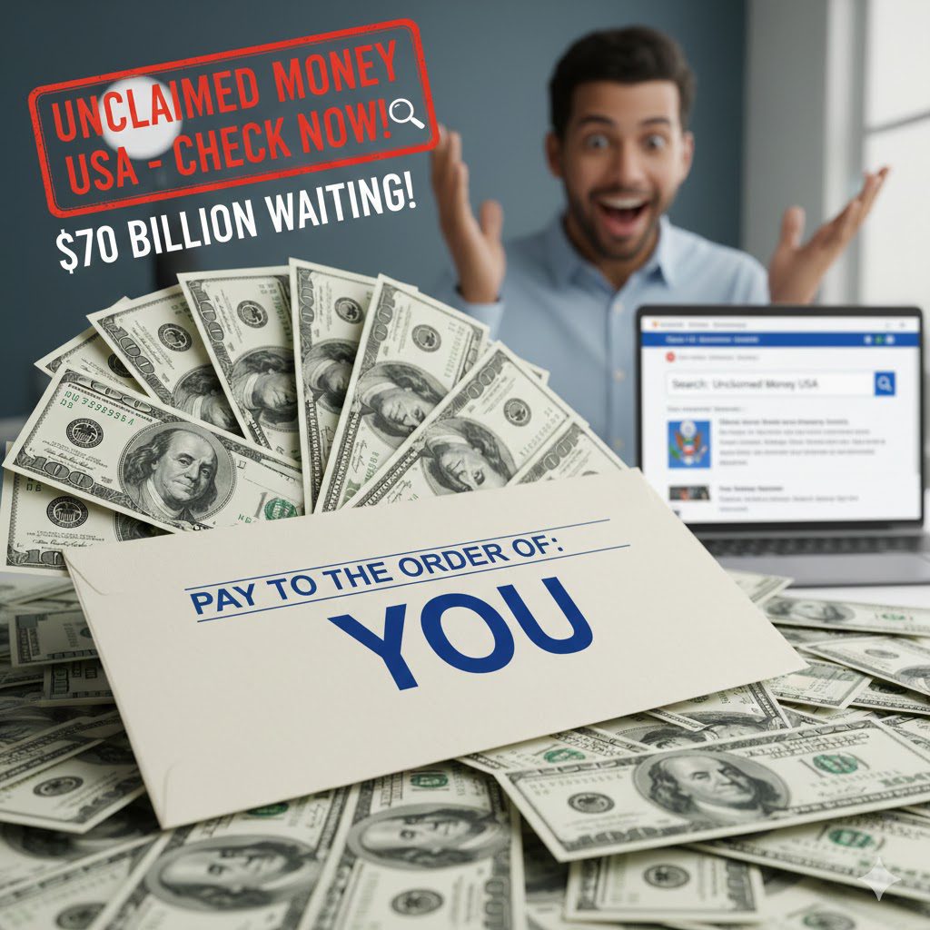 Person celebrating finding Unclaimed Money USA in 2026 with government refund check and dollars.
