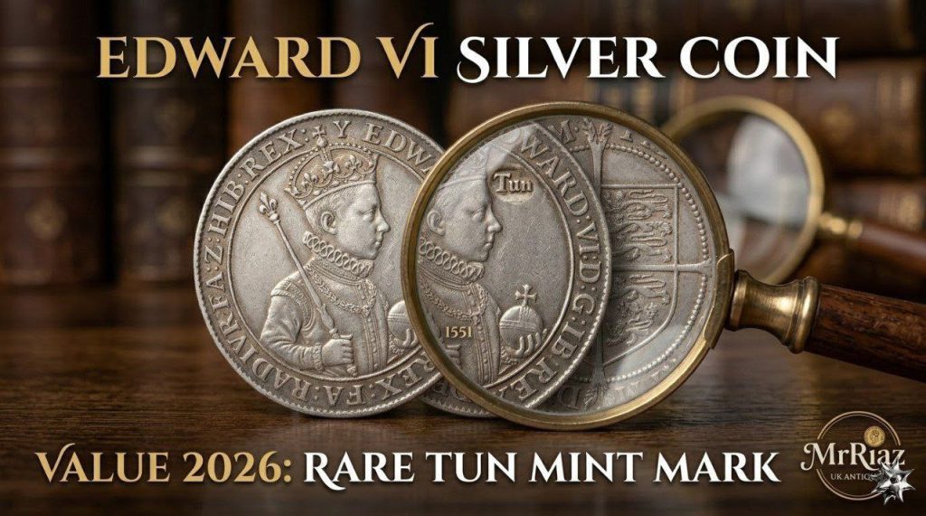 Edward VI Silver Coin Value 2026 shown through a magnifying glass on a rare 1551 silver crown with the Tun mint mark, exclusively at MrRiaz UK Antiques