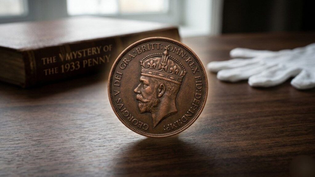 A close-up photograph of a genuine rare British 1933 Penny UK Coin Mystery, with King George V obverse and Britannia reverse, worth £100,000 at auction. This historic treasure is the 'Holy Grail' of coin collecting and is the focus of intense mystery