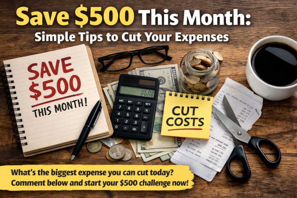 how to save 500 dollars fast in usa simple budgeting tips – A visual guide showing money, coins, a calculator, receipts, and budgeting tools to help save $500 quickly.