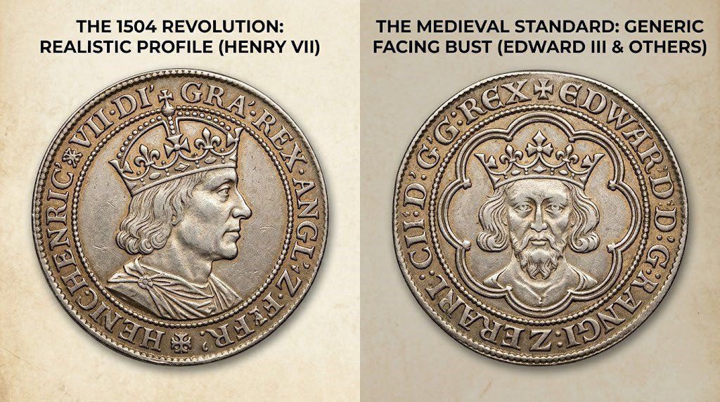 Rare British Royal Portrait Coins 1504 showing King Henry VII first realistic profile portrait on silver groat at MrRiaz.com