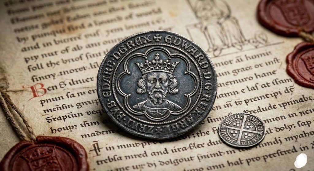 Edward III Silver Groat (1351 AD) coin front and back view with historical documents۔