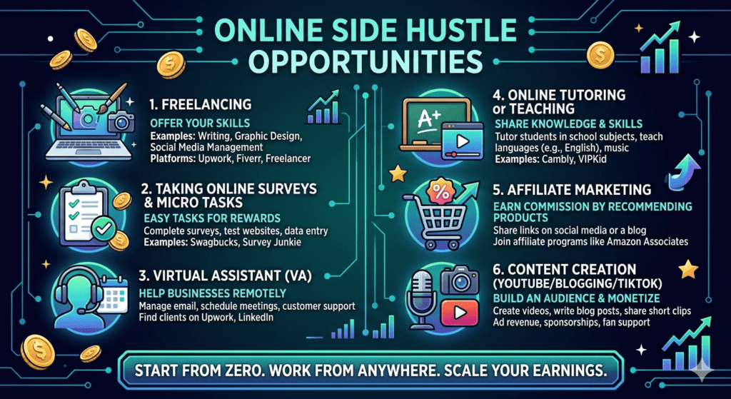 best side hustles to make money online fast – person working on laptop with freelancing and online earning ideas