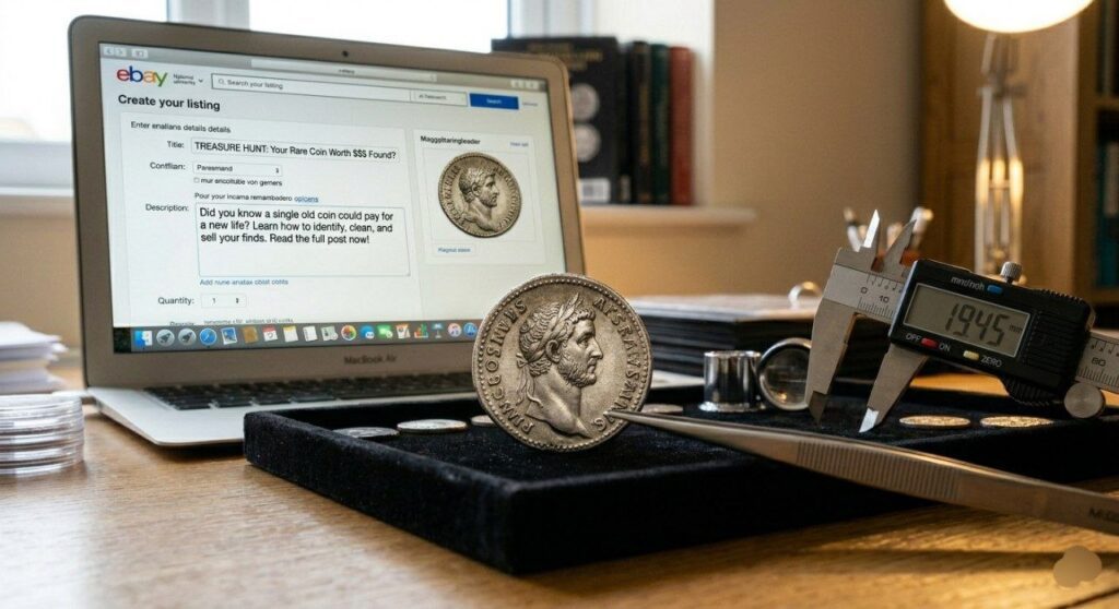 How to Sell Rare Coins on eBay UK: A close-up professional setup showing rare coins, a magnifying glass, and a laptop screen with an eBay listing to guide sellers on how to value and sell their collection.